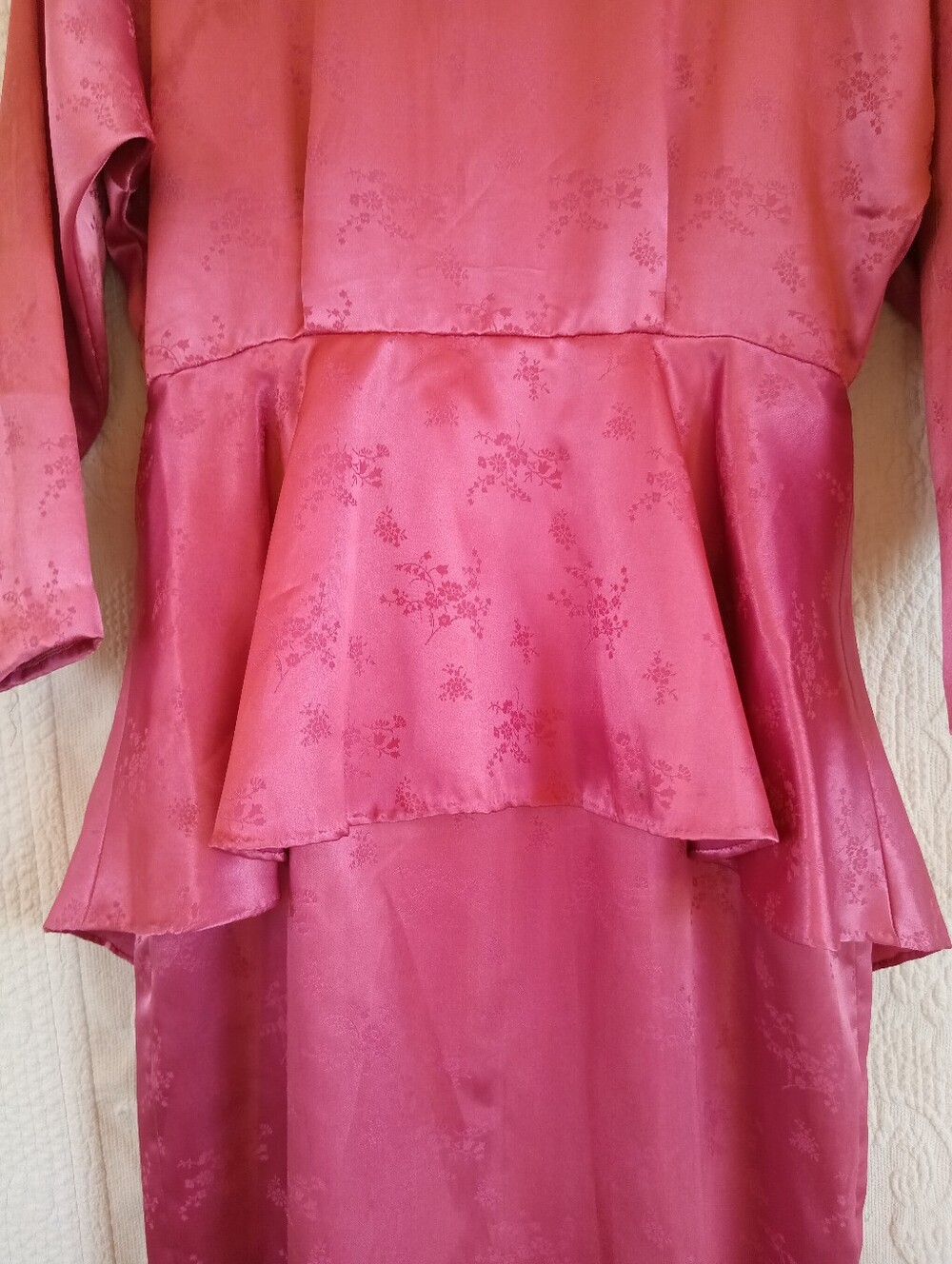Vintage Pink Peplum Long-Sleeve Midi Dress Satin Floral 80s Barbie Girl OOAK 10 - Picture 4 of 16